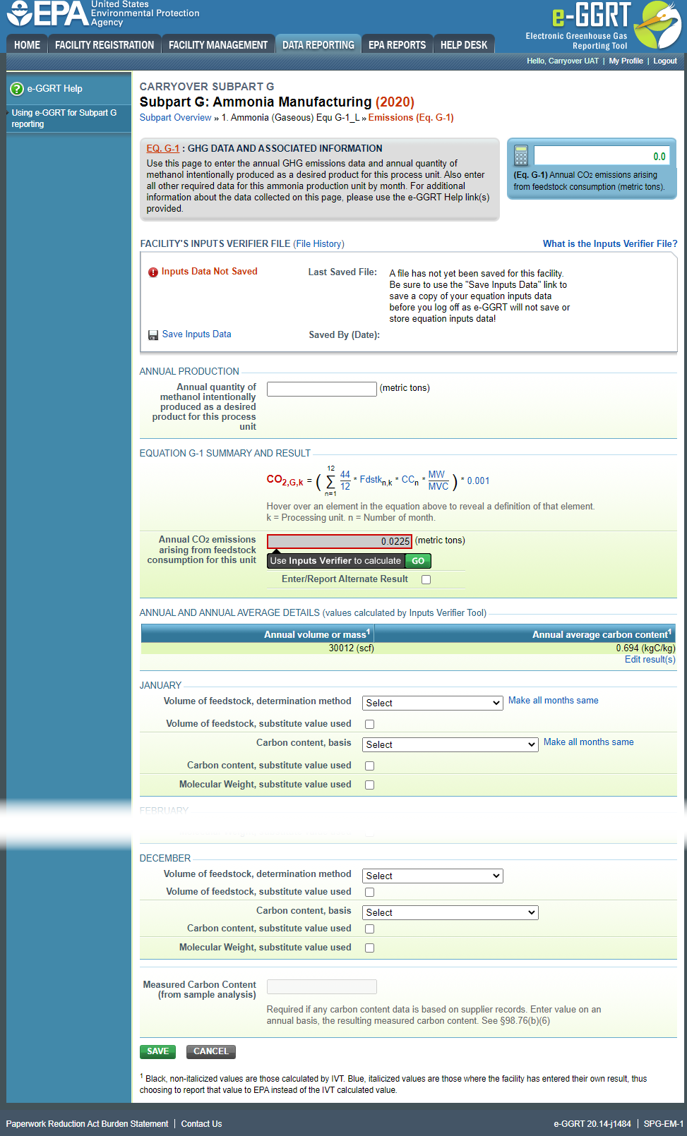 Subpart G: Step 4 - Equation G-1 Example with the SAVE button